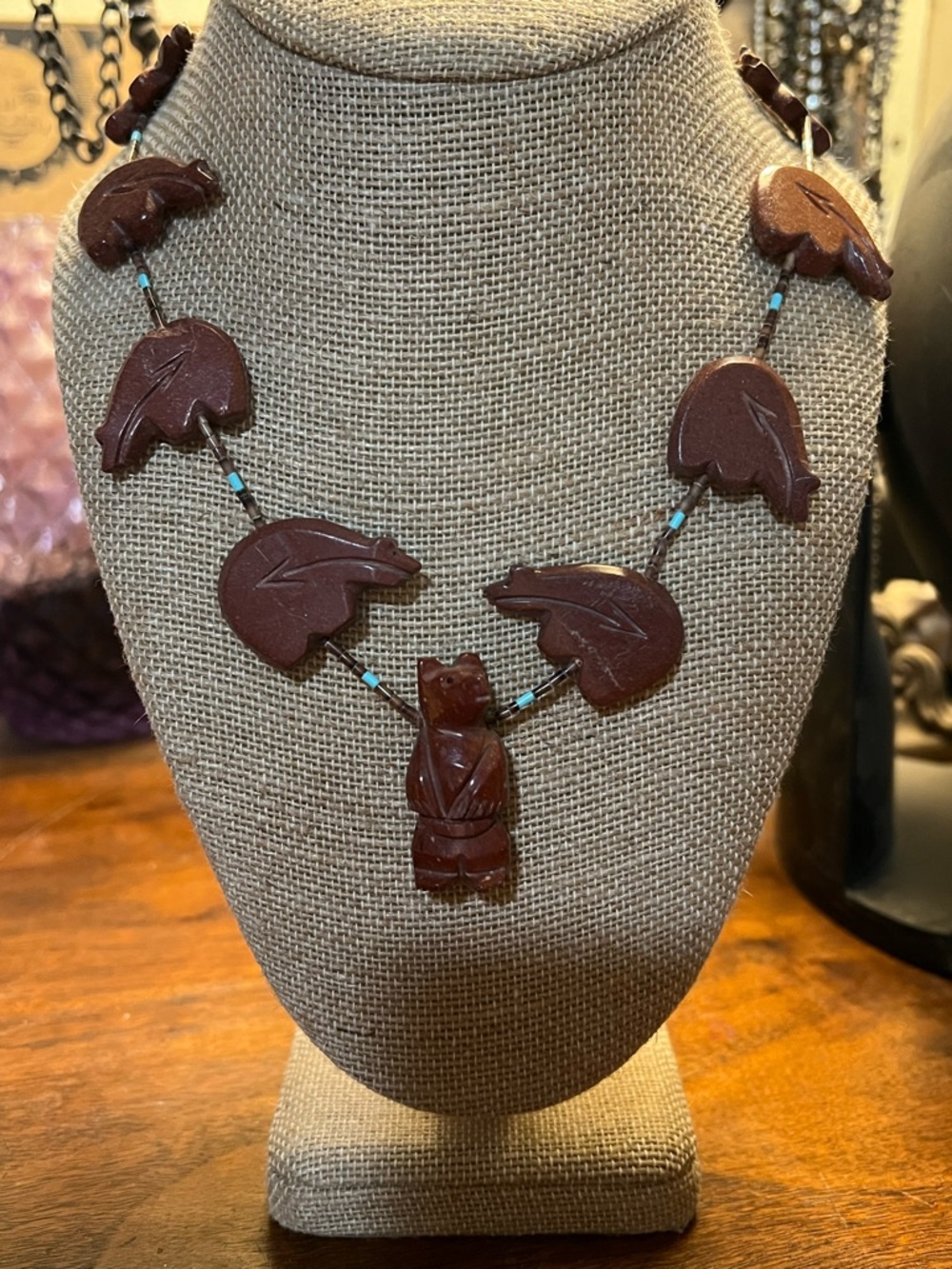 Vintage Southwestern Carved Stone Bear Fetish Necklace Large Center Pendant